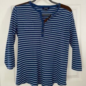 Chaps Blue and White Striped Womens Henley with Brown Accent Large